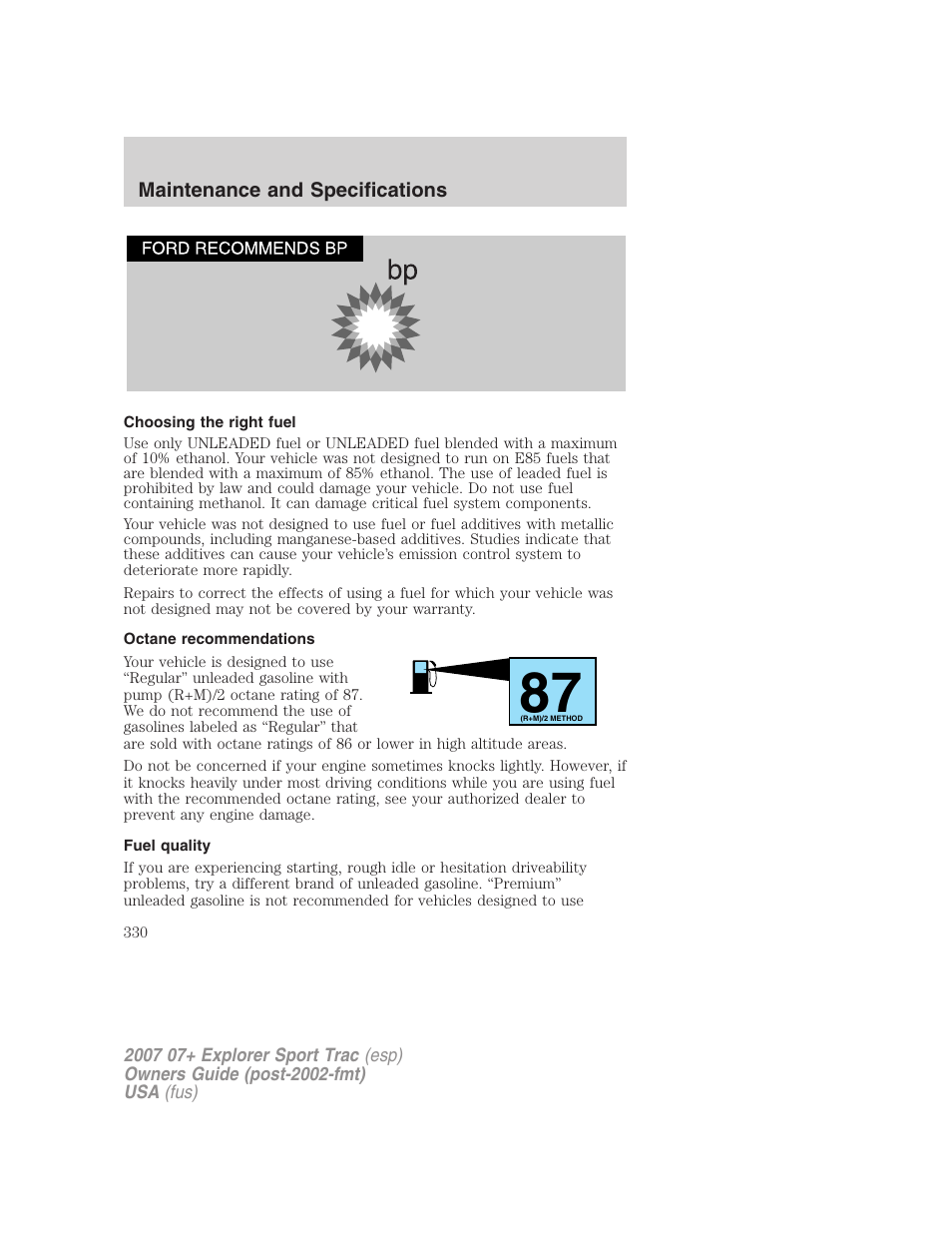 Choosing the right fuel, Octane recommendations, Fuel quality | FORD 2004 User Manual | Page 330 / 360