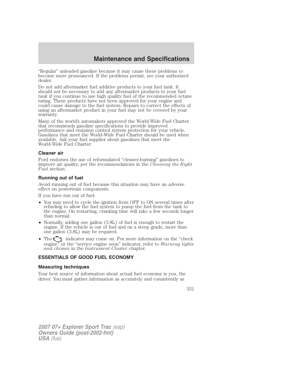 Cleaner air, Running out of fuel, Essentials of good fuel economy | Measuring techniques, Maintenance and specifications | FORD 2004 User Manual | Page 331 / 360