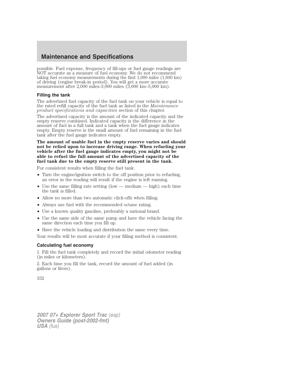 Filling the tank, Calculating fuel economy, Maintenance and specifications | FORD 2004 User Manual | Page 332 / 360