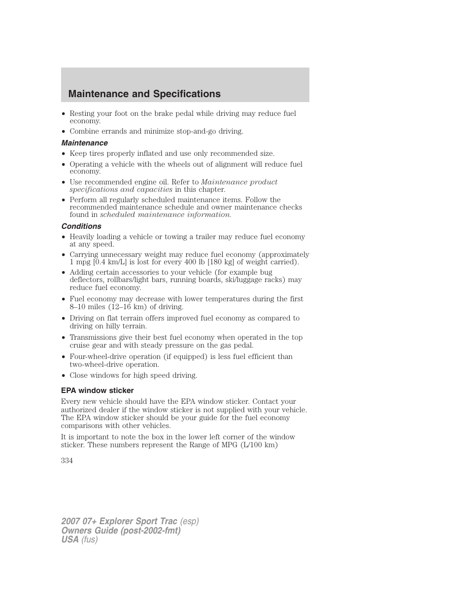 Maintenance, Conditions, Epa window sticker | Maintenance and specifications | FORD 2004 User Manual | Page 334 / 360