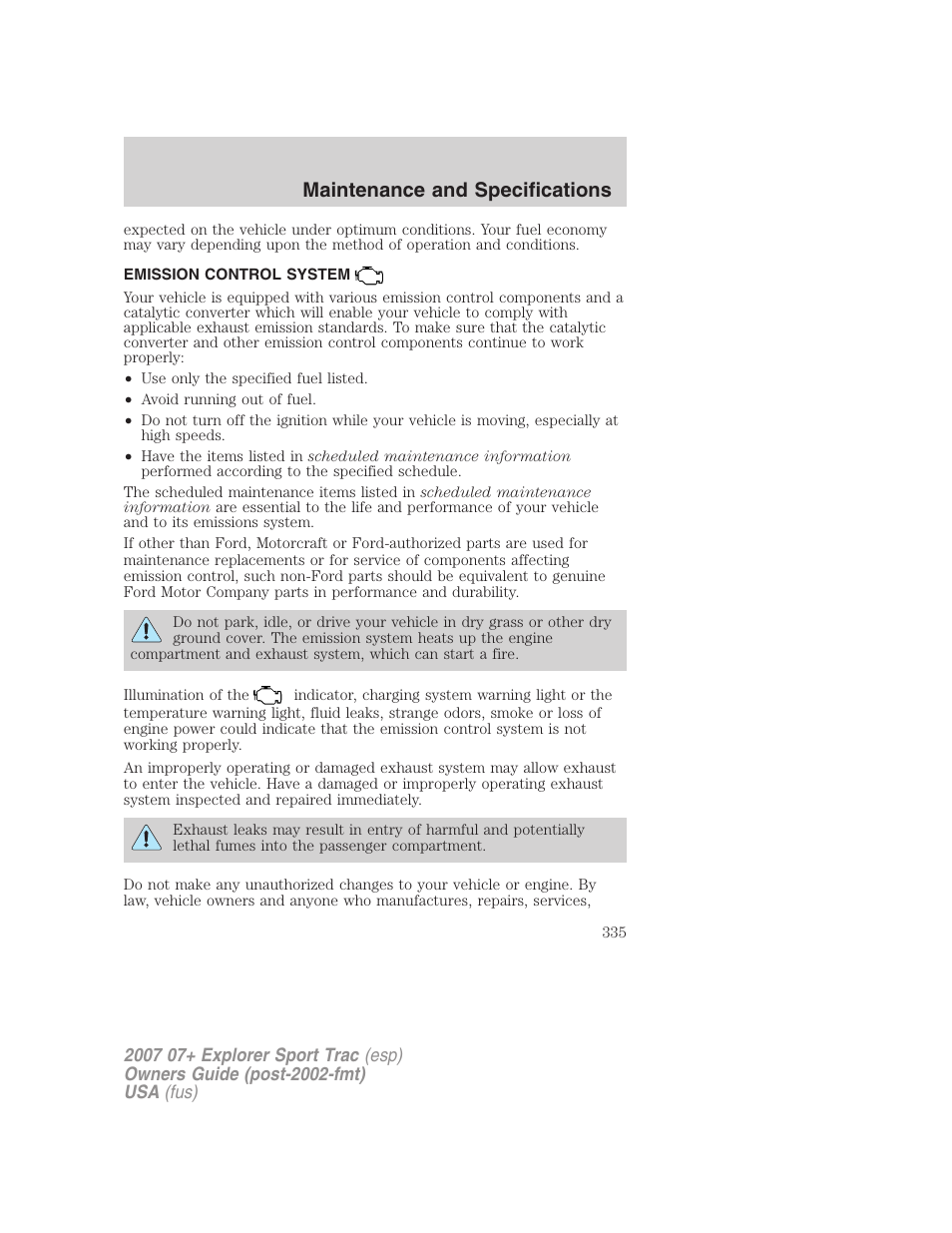 Emission control system, Maintenance and specifications | FORD 2004 User Manual | Page 335 / 360