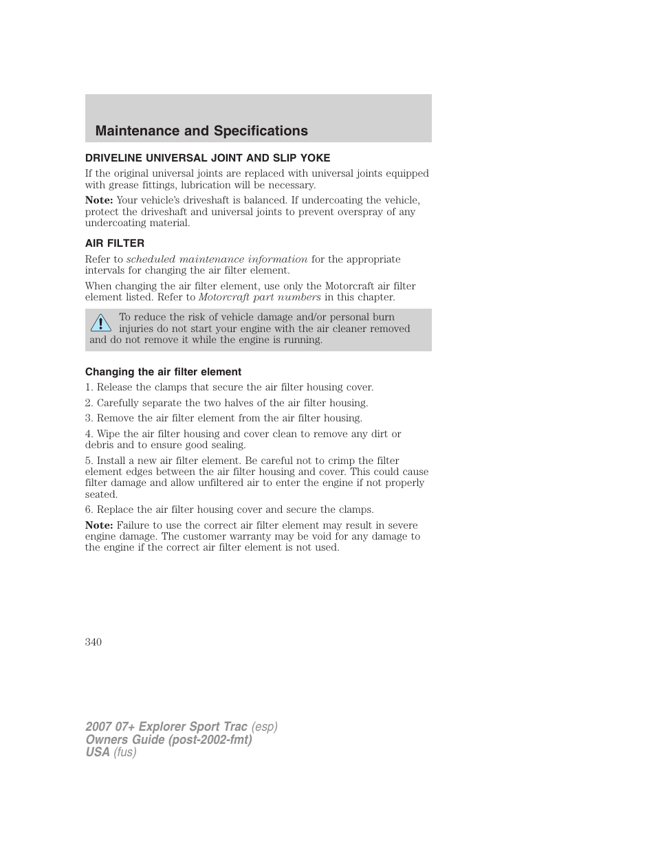 Driveline universal joint and slip yoke, Air filter, Changing the air filter element | Air filter(s), Maintenance and specifications | FORD 2004 User Manual | Page 340 / 360