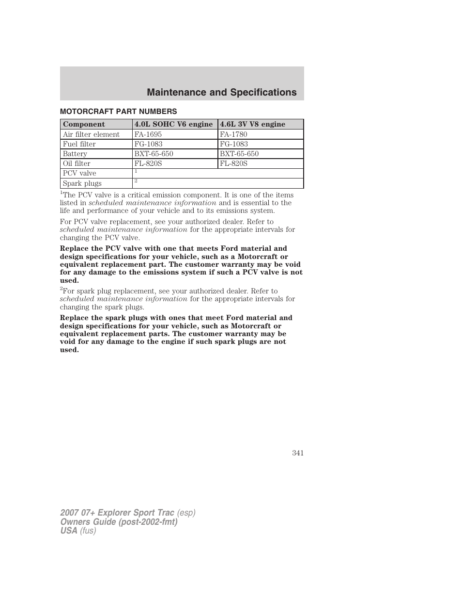 Motorcraft part numbers, Part numbers, Maintenance and specifications | FORD 2004 User Manual | Page 341 / 360