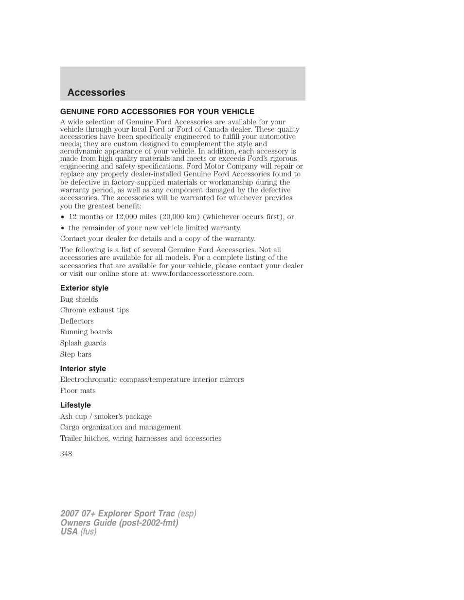 Accessories, Genuine ford accessories for your vehicle, Exterior style | Interior style, Lifestyle | FORD 2004 User Manual | Page 348 / 360