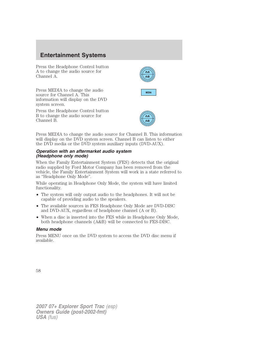 Menu mode, Entertainment systems | FORD 2004 User Manual | Page 58 / 360