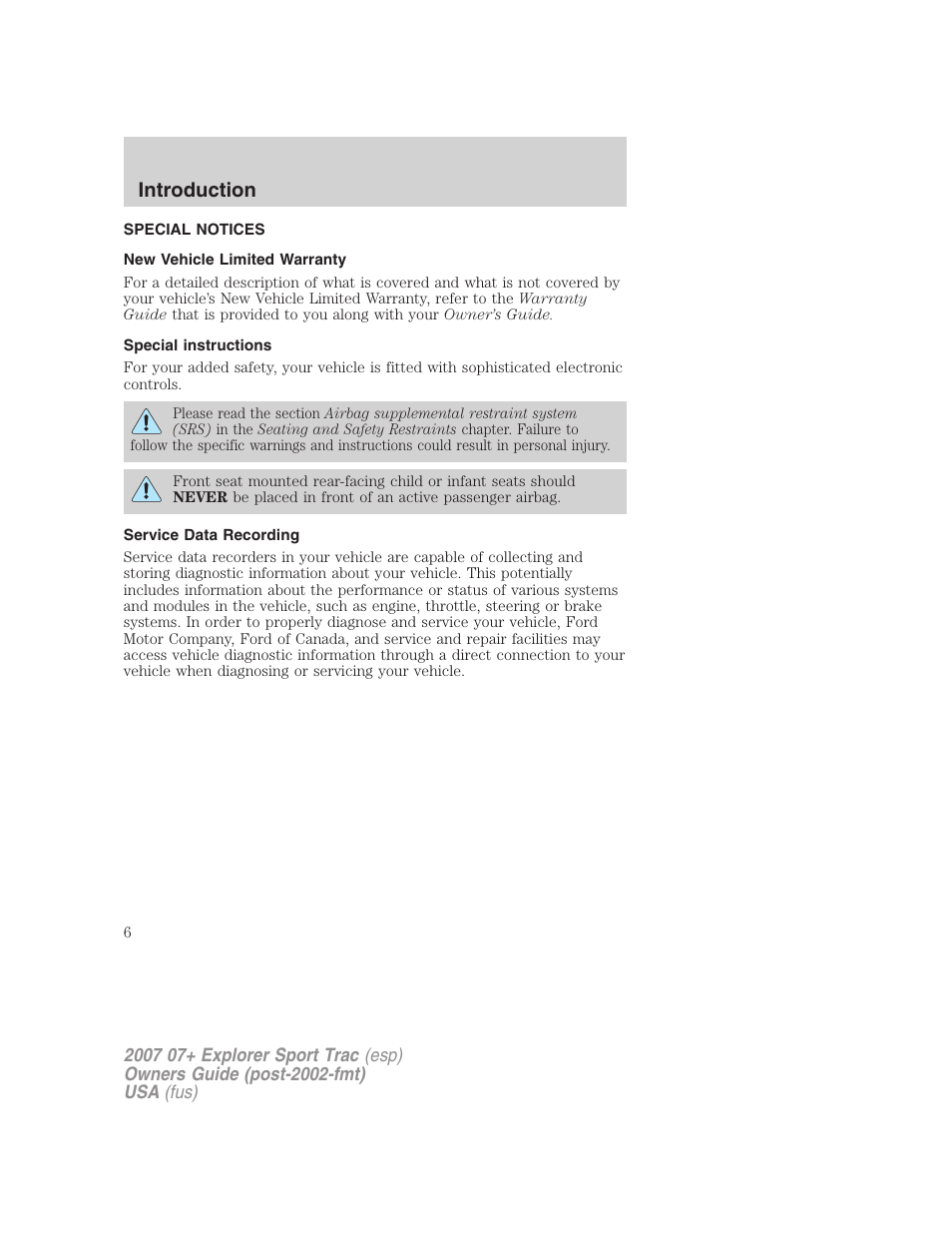Special notices, New vehicle limited warranty, Special instructions | Service data recording, Introduction | FORD 2004 User Manual | Page 6 / 360