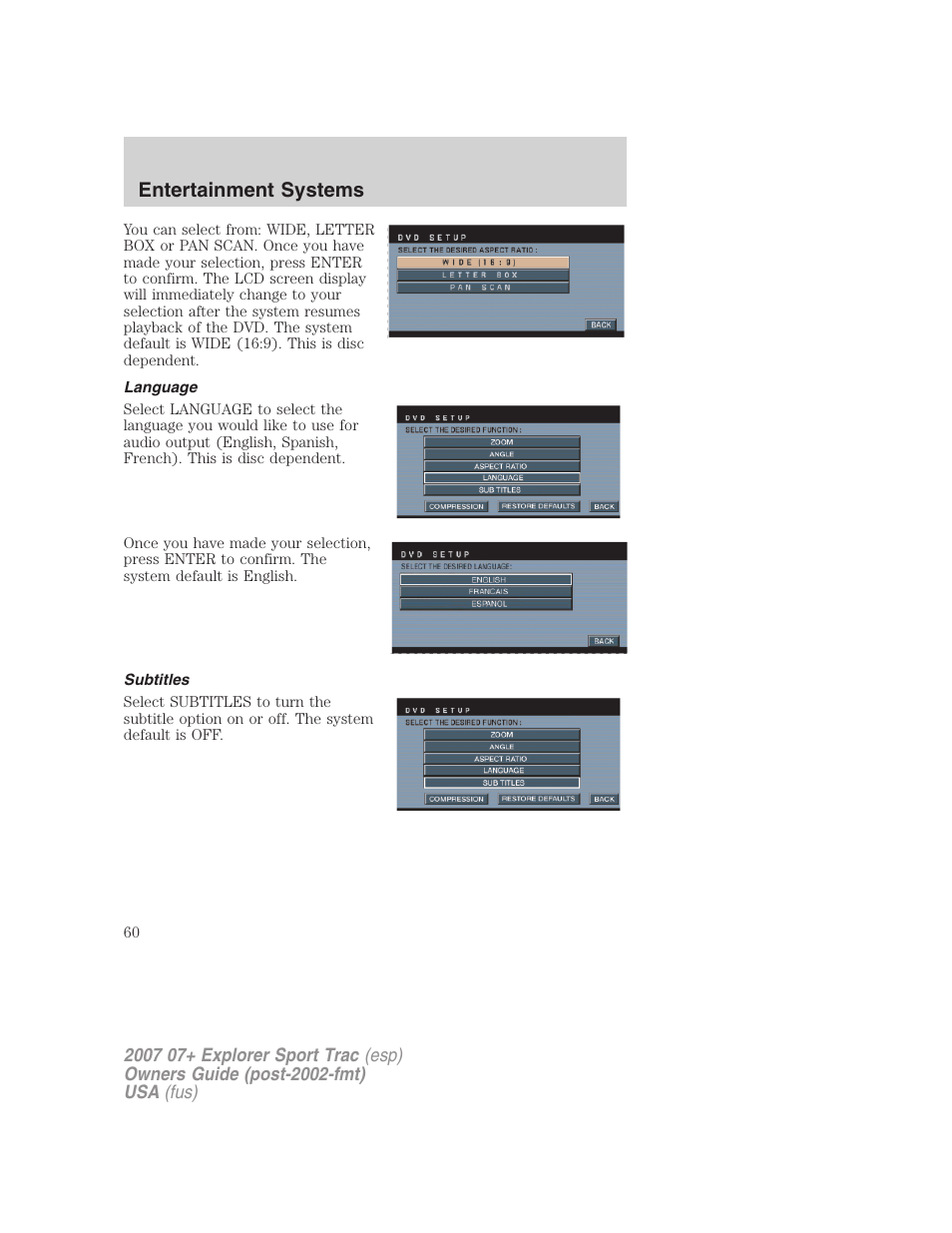 Language, Subtitles, Entertainment systems | FORD 2004 User Manual | Page 60 / 360