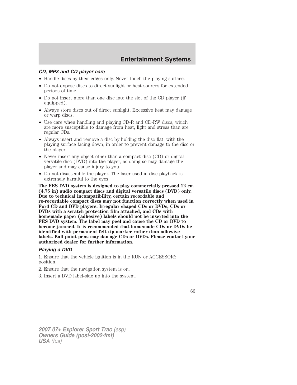Cd, mp3 and cd player care, Playing a dvd, Entertainment systems | FORD 2004 User Manual | Page 63 / 360