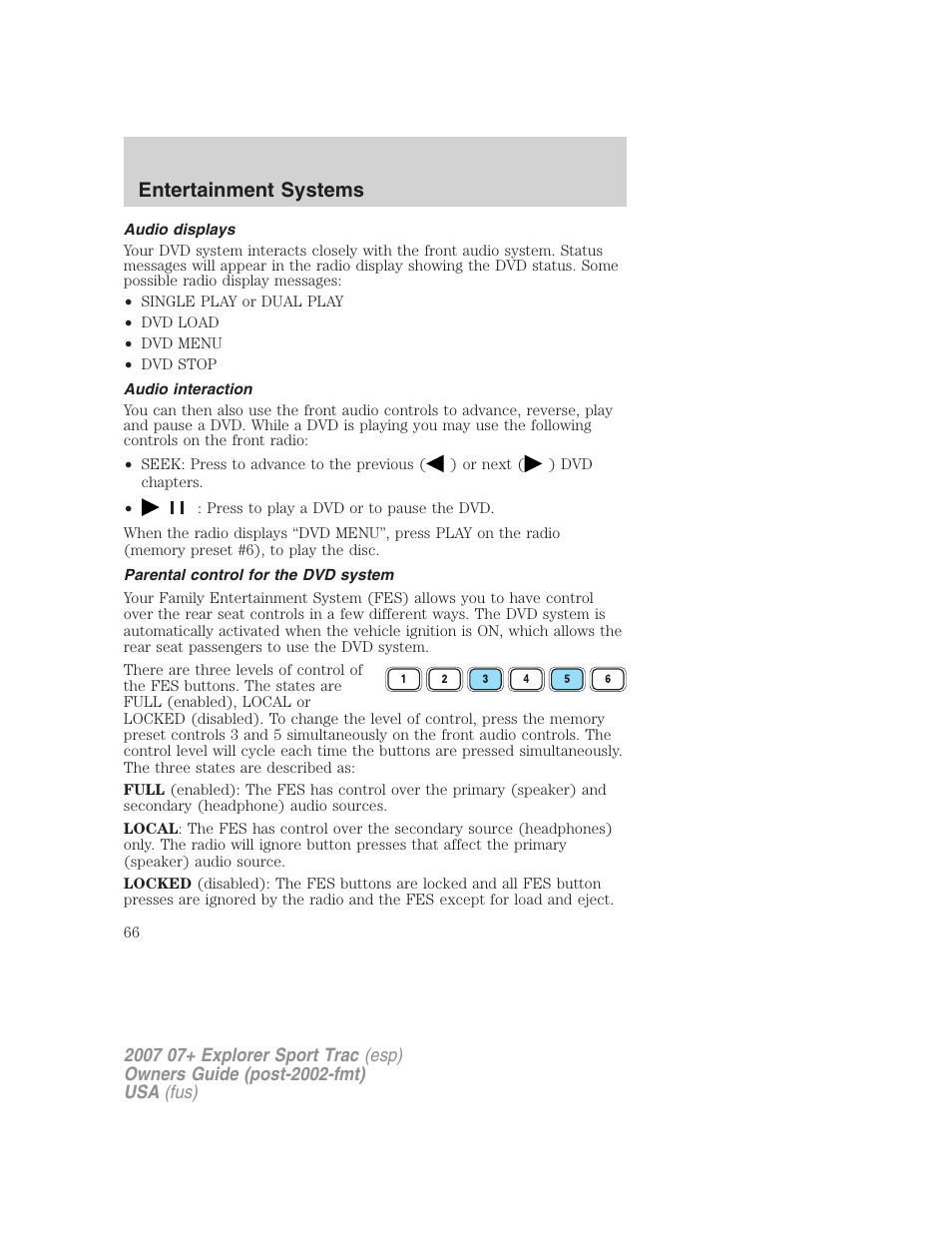 Audio displays, Audio interaction, Parental control for the dvd system | Entertainment systems | FORD 2004 User Manual | Page 66 / 360