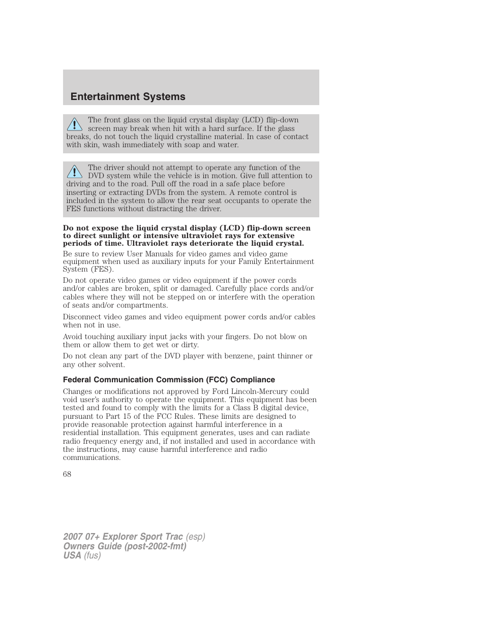 Federal communication commission (fcc) compliance, Entertainment systems | FORD 2004 User Manual | Page 68 / 360