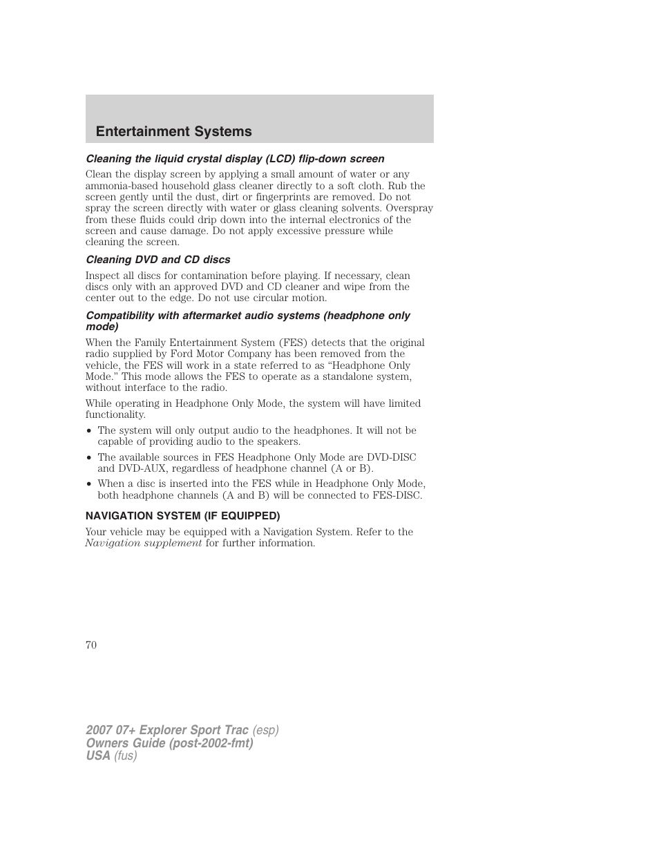 Cleaning dvd and cd discs, Navigation system (if equipped), Navigation system | Entertainment systems | FORD 2004 User Manual | Page 70 / 360