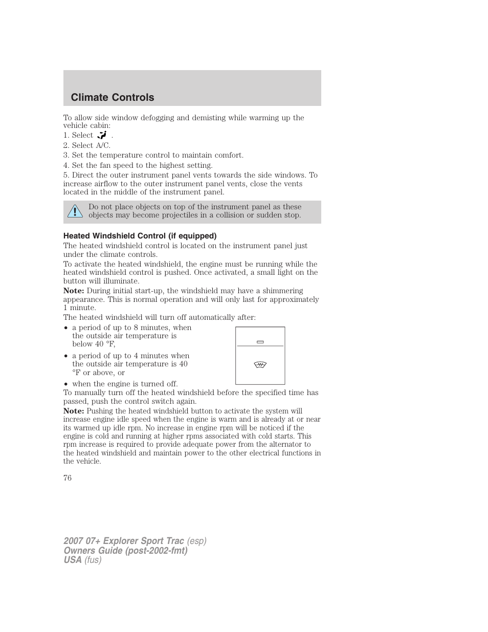 Heated windshield control (if equipped), Climate controls | FORD 2004 User Manual | Page 76 / 360