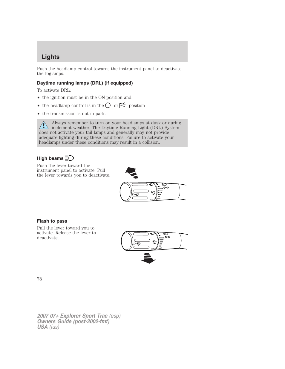 Daytime running lamps (drl) (if equipped), High beams, Flash to pass | Lights | FORD 2004 User Manual | Page 78 / 360