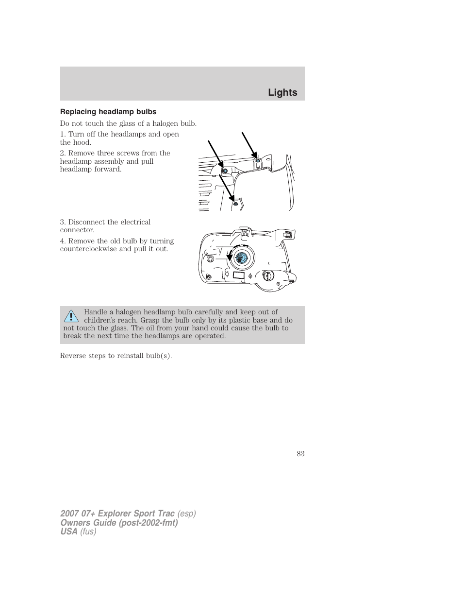 Replacing headlamp bulbs, Lights | FORD 2004 User Manual | Page 83 / 360