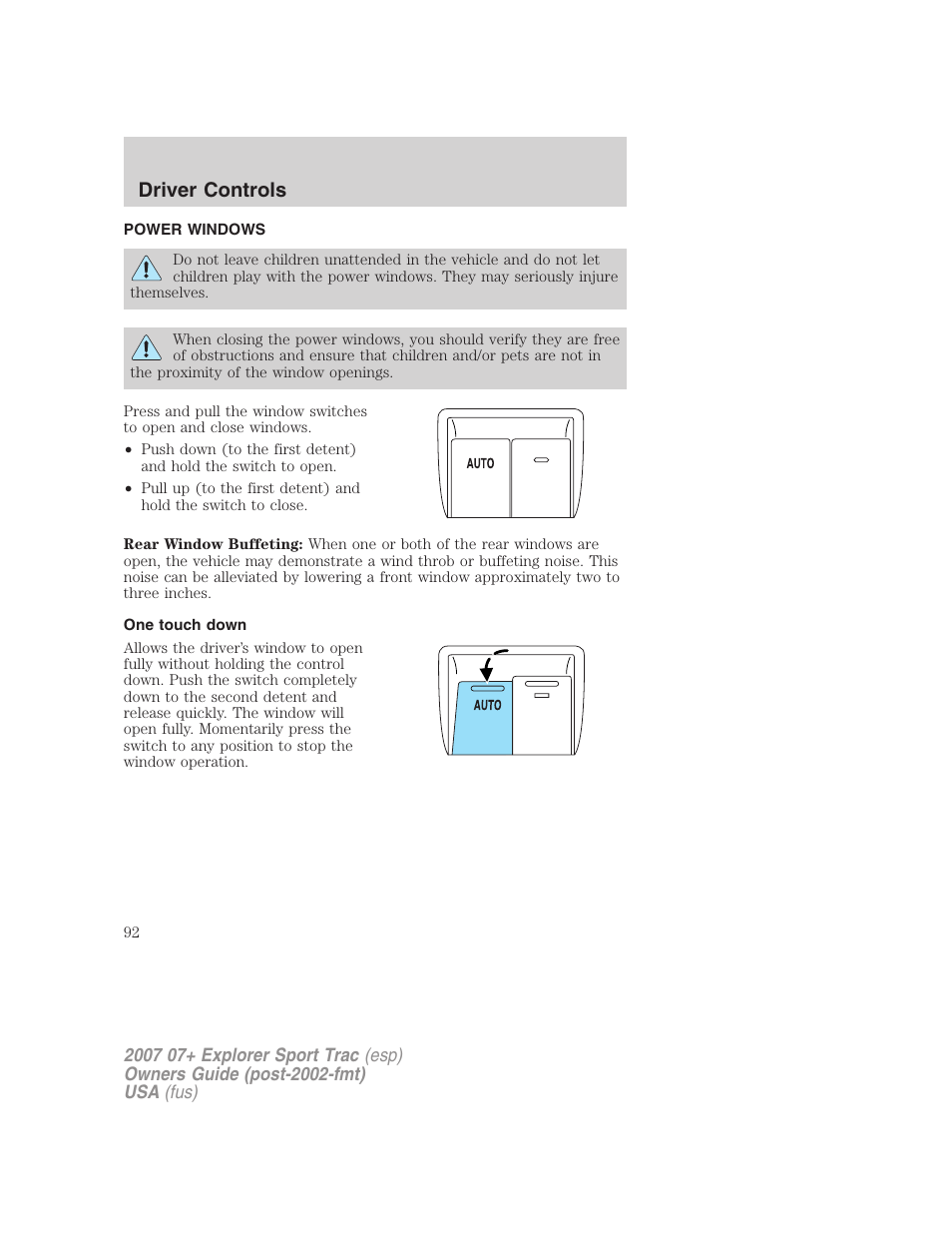 Power windows, One touch down, Driver controls | FORD 2004 User Manual | Page 92 / 360