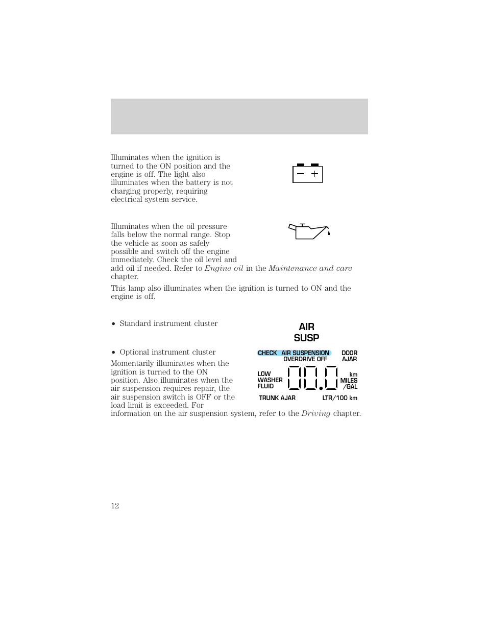 Instrumentation, Air susp | FORD 2000 Crown Victoria User Manual | Page 12 / 224