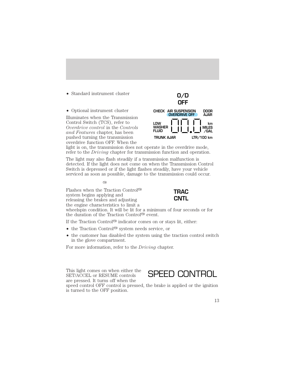 Speed control, Instrumentation | FORD 2000 Crown Victoria User Manual | Page 13 / 224