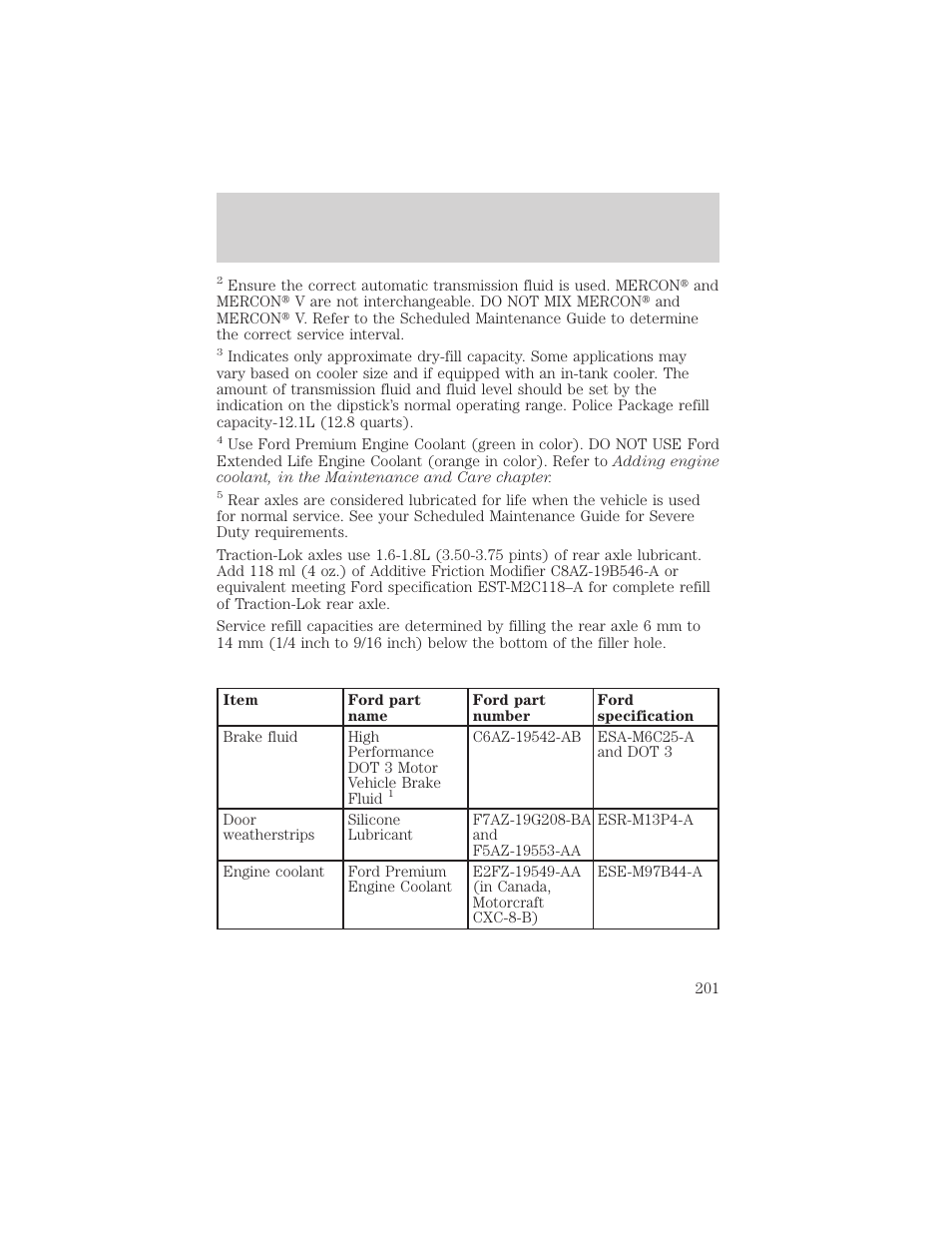 Capacities and specifications | FORD 2000 Crown Victoria User Manual | Page 201 / 224