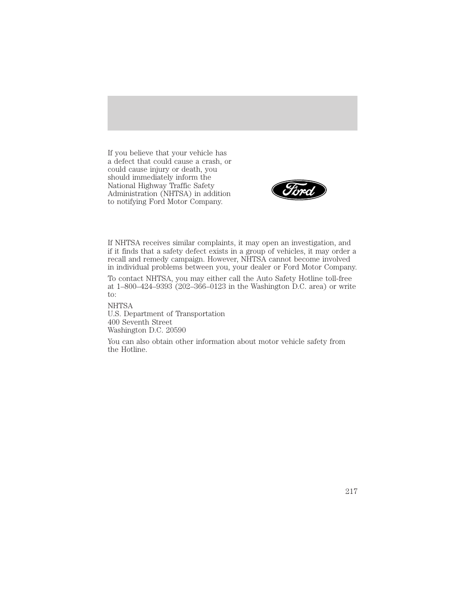 Reporting safety defects | FORD 2000 Crown Victoria User Manual | Page 217 / 224