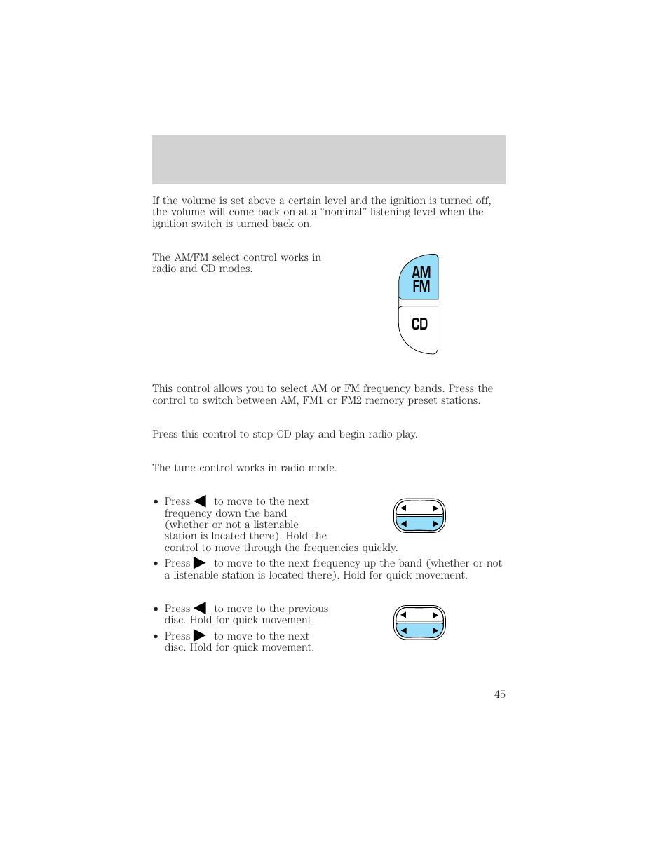 Cd am fm, Controls and features | FORD 2000 Crown Victoria User Manual | Page 45 / 224