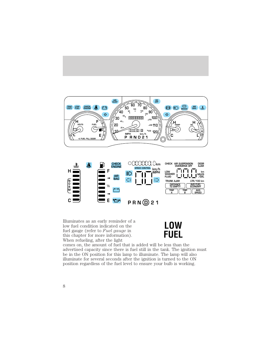 Low fuel, Instrumentation | FORD 2000 Crown Victoria User Manual | Page 8 / 224