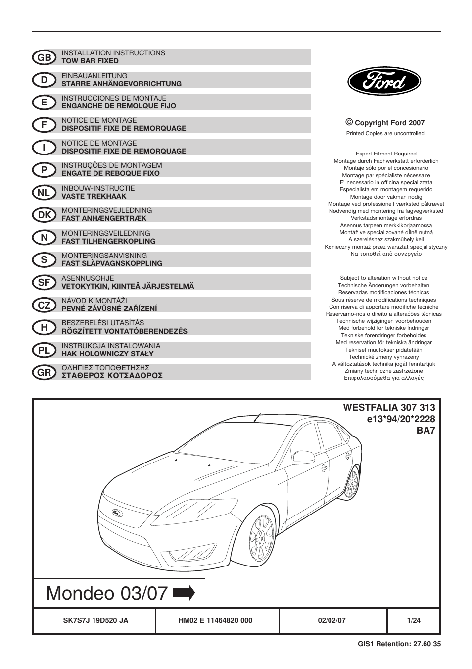 FORD WESTFALIA 307 313 User Manual | 24 pages