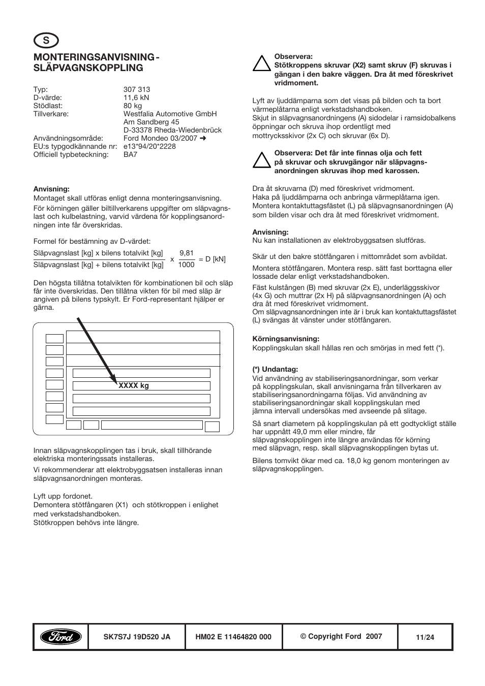 Monteringsanvisning - släpvagnskoppling | FORD WESTFALIA 307 313 User Manual | Page 11 / 24
