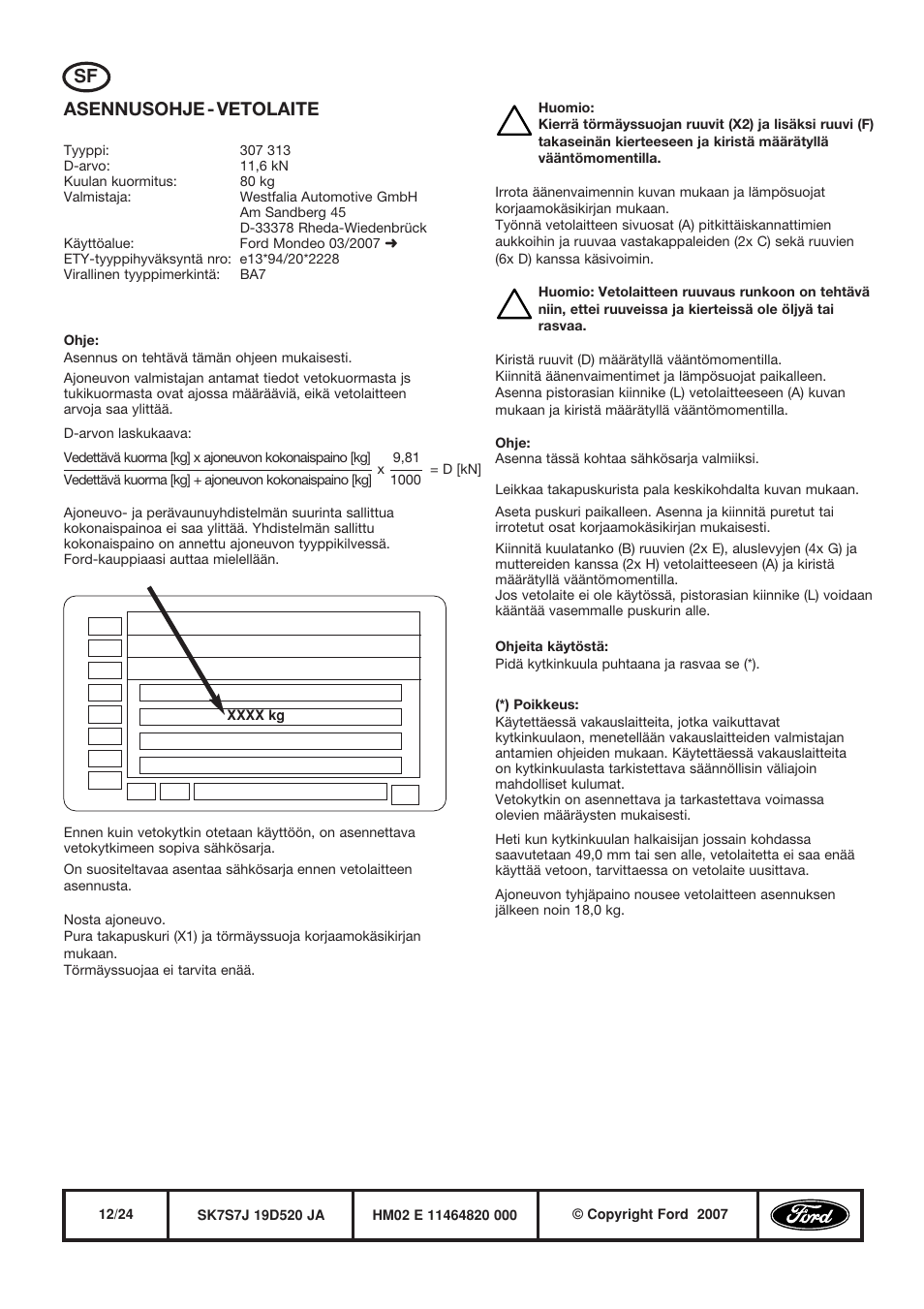 Sf asennusohje - vetolaite | FORD WESTFALIA 307 313 User Manual | Page 12 / 24