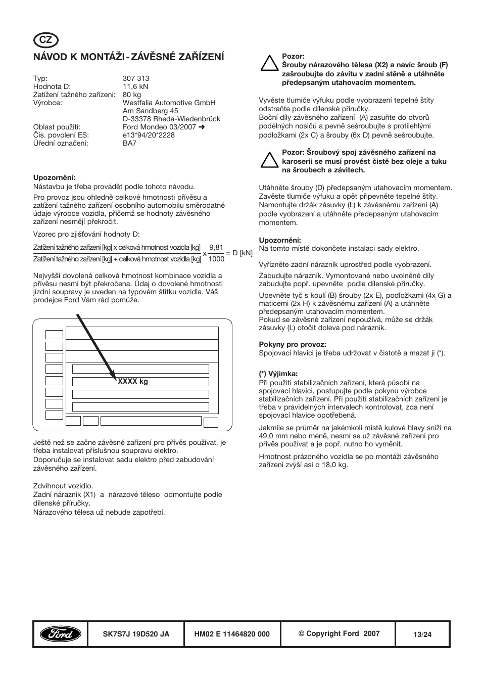Cz návod k montáži - závěsné zařízení | FORD WESTFALIA 307 313 User Manual | Page 13 / 24