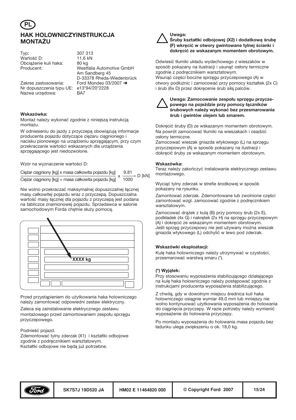 Hak holowniczyinstrukcja montażu | FORD WESTFALIA 307 313 User Manual | Page 15 / 24