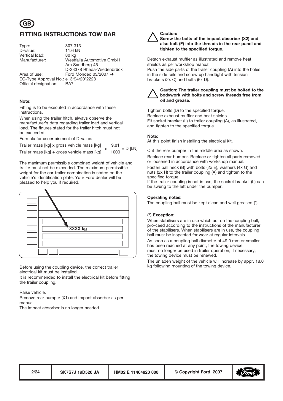 Fitting instructions tow bar | FORD WESTFALIA 307 313 User Manual | Page 2 / 24
