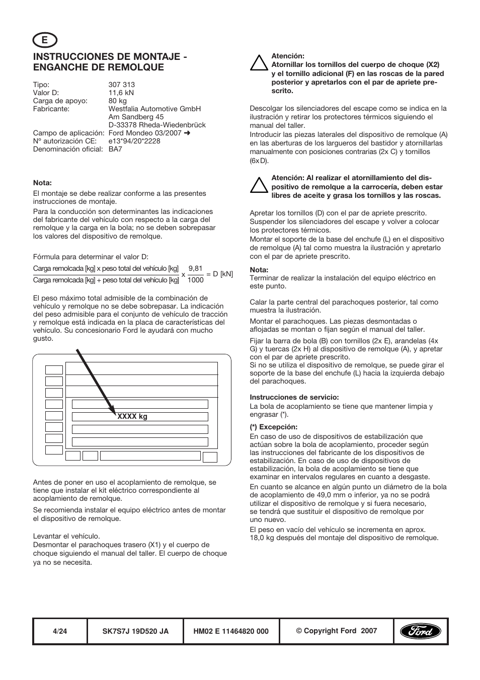 Instrucciones de montaje - enganche de remolque | FORD WESTFALIA 307 313 User Manual | Page 4 / 24