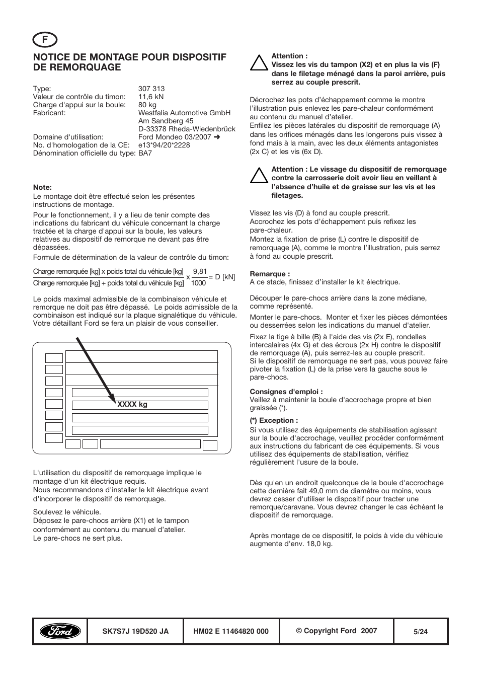 Notice de montage pour dispositif de remorquage | FORD WESTFALIA 307 313 User Manual | Page 5 / 24