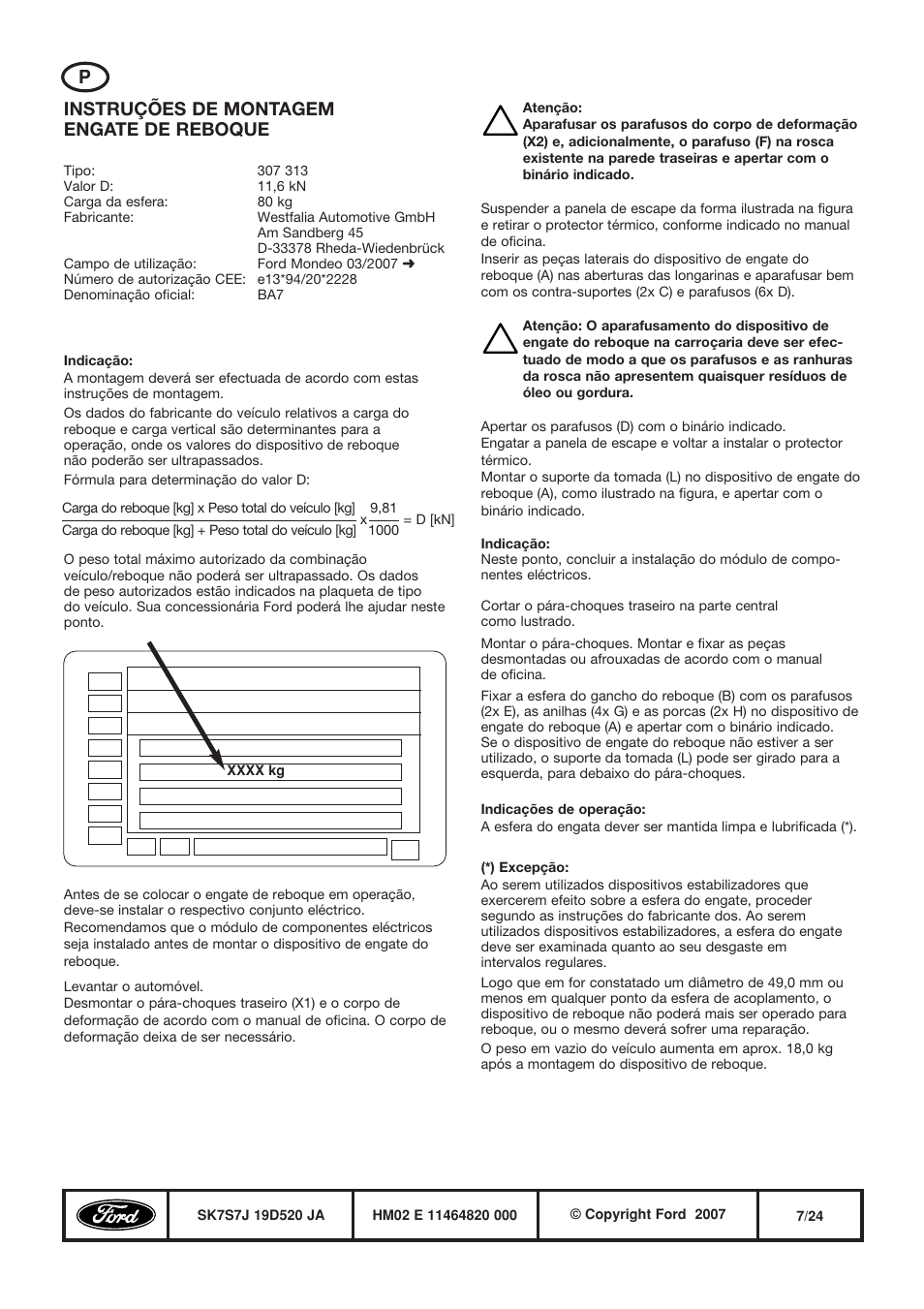 Pinstruções de montagem engate de reboque | FORD WESTFALIA 307 313 User Manual | Page 7 / 24