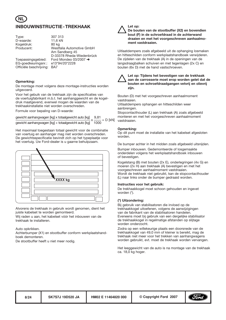 Inbouwinstructie - trekhaak | FORD WESTFALIA 307 313 User Manual | Page 8 / 24