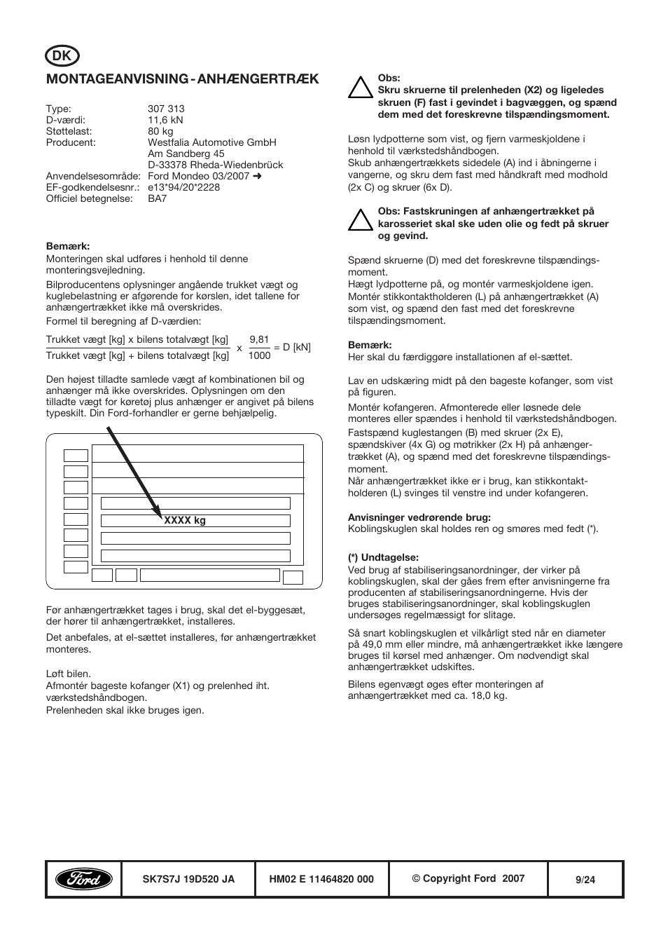 Dk montageanvisning - anhængertræk | FORD WESTFALIA 307 313 User Manual | Page 9 / 24