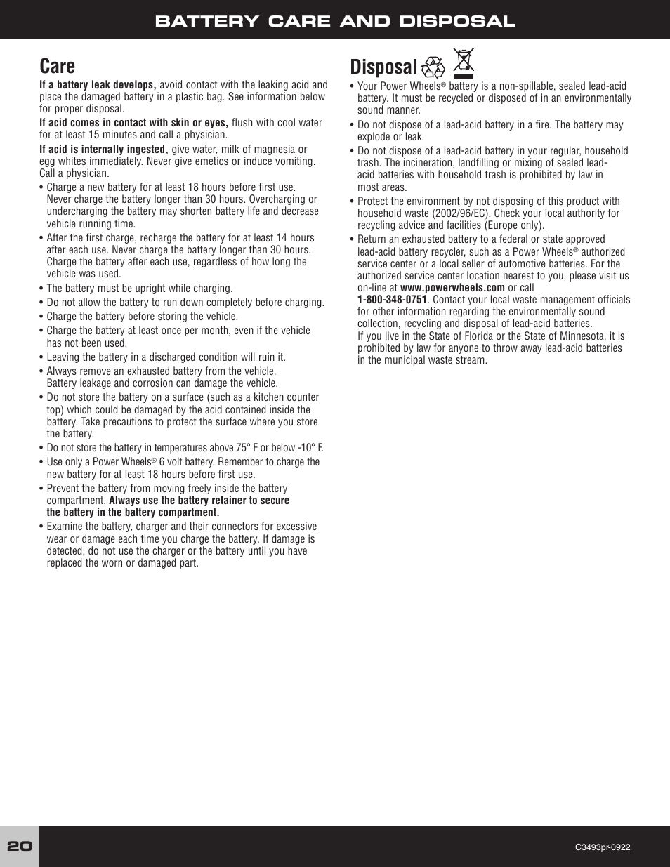 Care, Disposal, Battery care and disposal | FORD F-150 C3493 User Manual | Page 20 / 28