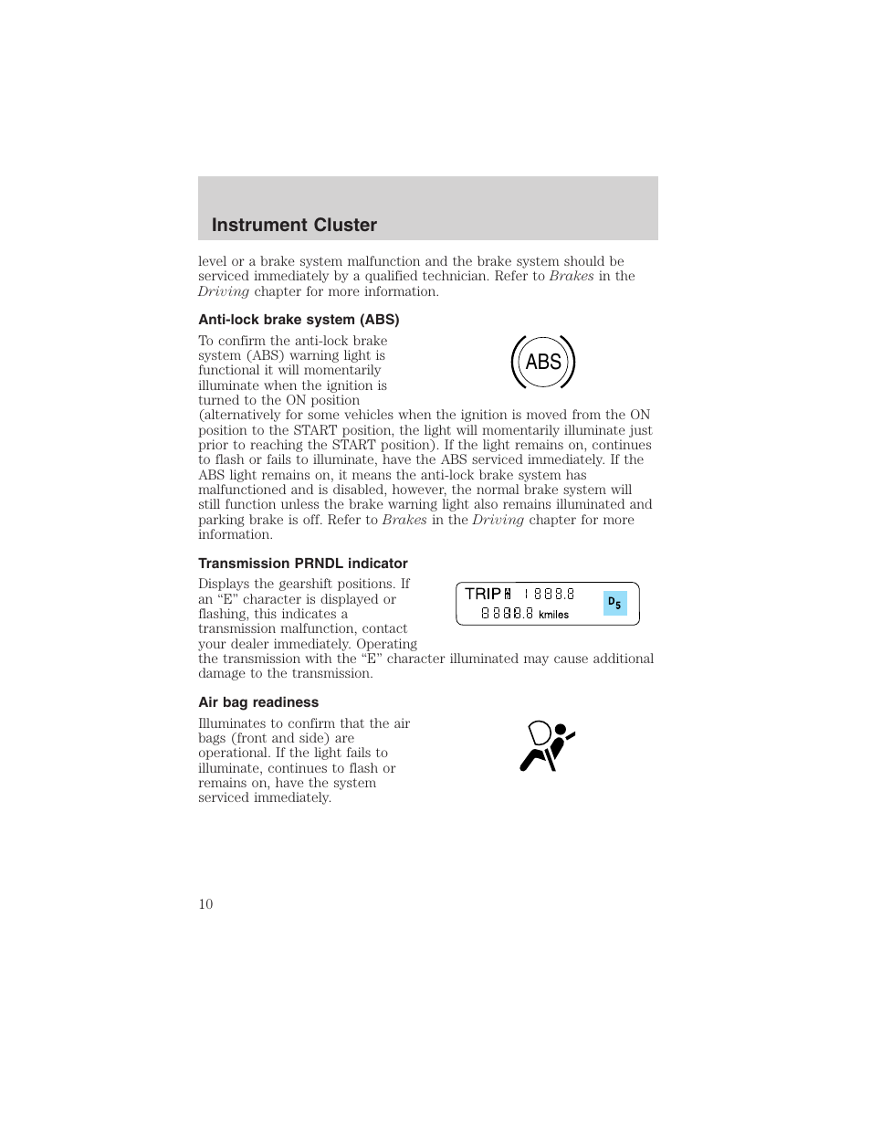 Instrument cluster | FORD 2002 Thunderbird User Manual | Page 10 / 232