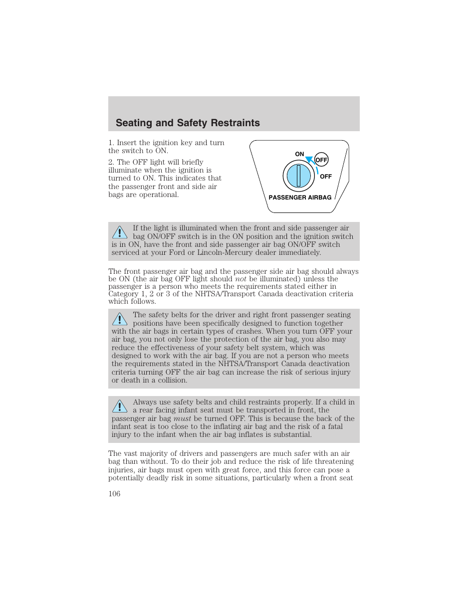 Seating and safety restraints | FORD 2002 Thunderbird User Manual | Page 106 / 232
