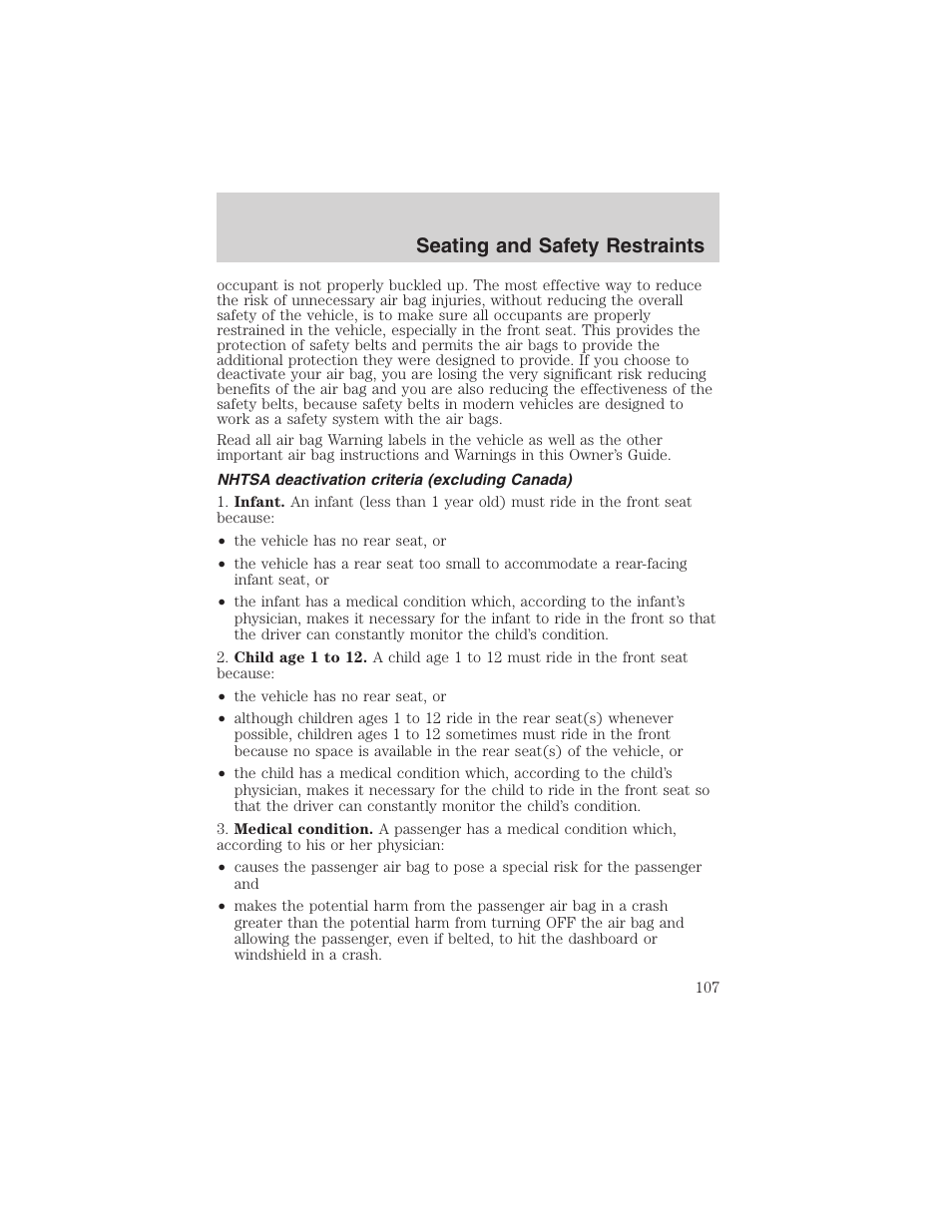 Seating and safety restraints | FORD 2002 Thunderbird User Manual | Page 107 / 232