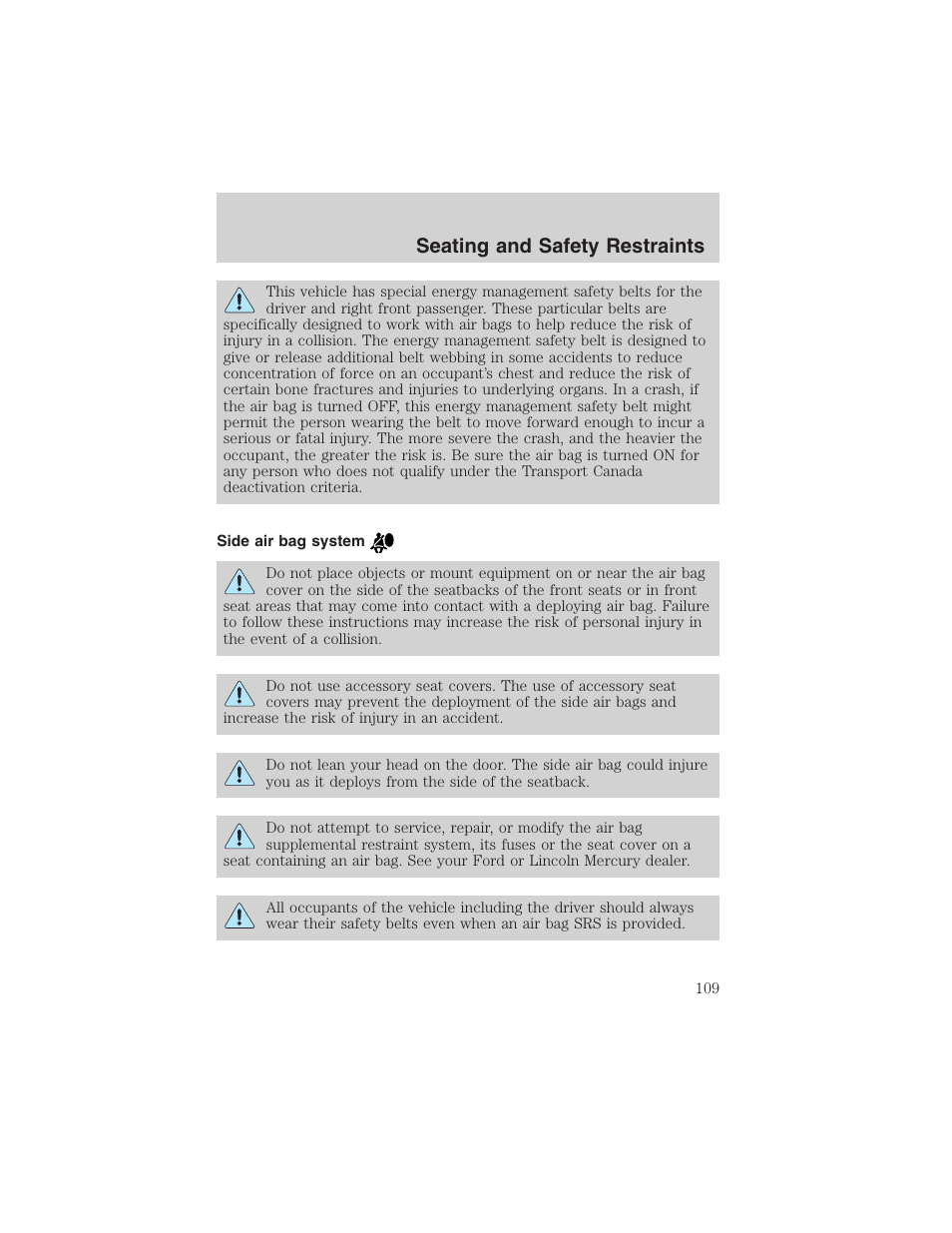 Seating and safety restraints | FORD 2002 Thunderbird User Manual | Page 109 / 232