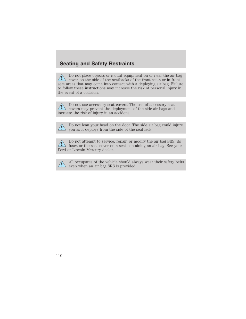 Seating and safety restraints | FORD 2002 Thunderbird User Manual | Page 110 / 232