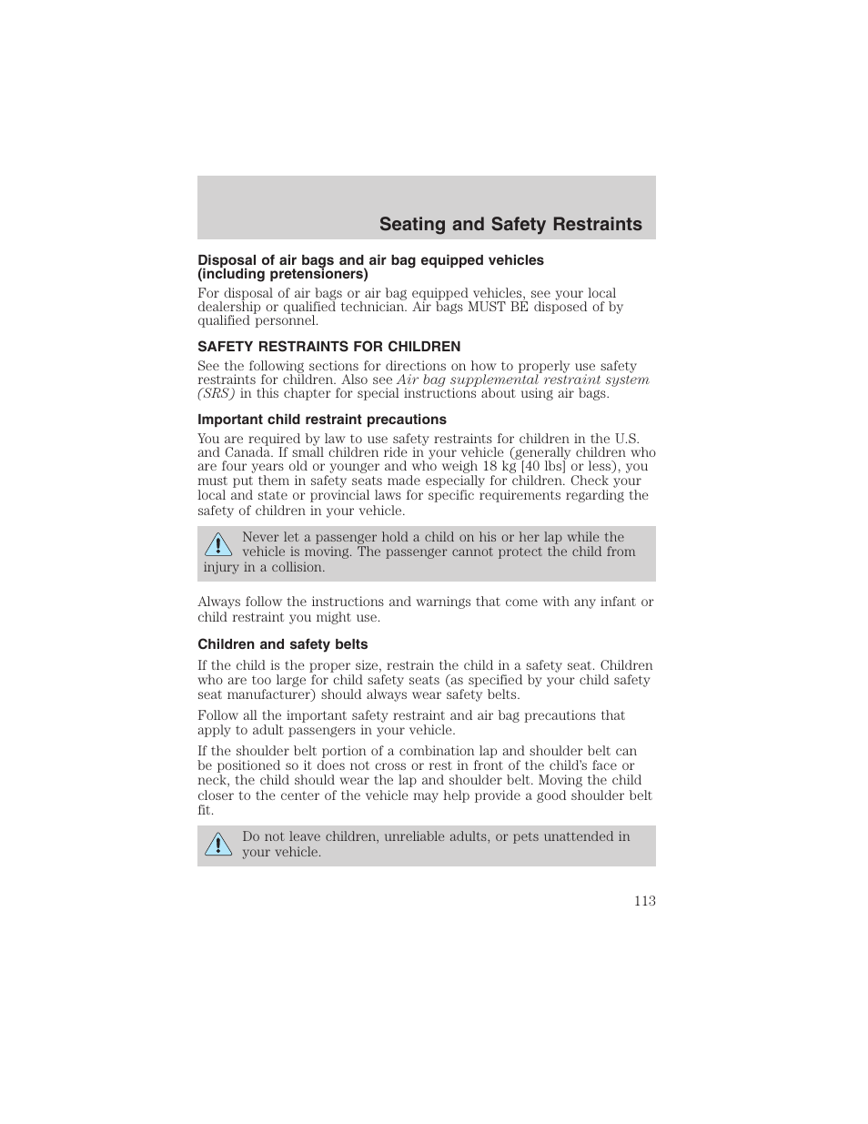 Seating and safety restraints | FORD 2002 Thunderbird User Manual | Page 113 / 232