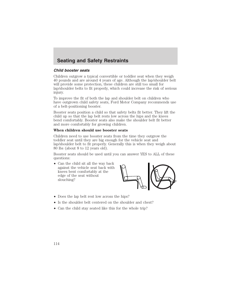 Seating and safety restraints | FORD 2002 Thunderbird User Manual | Page 114 / 232