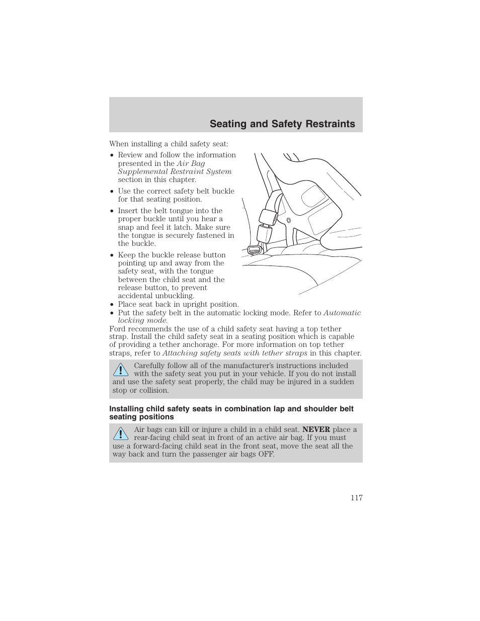 Seating and safety restraints | FORD 2002 Thunderbird User Manual | Page 117 / 232