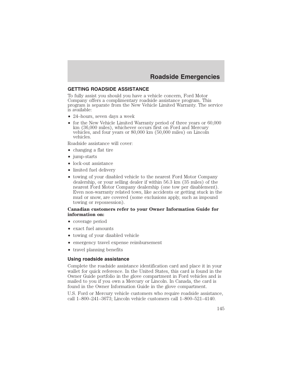 Roadside emergencies | FORD 2002 Thunderbird User Manual | Page 145 / 232