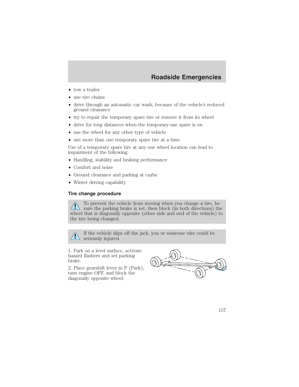 Roadside emergencies | FORD 2002 Thunderbird User Manual | Page 157 / 232