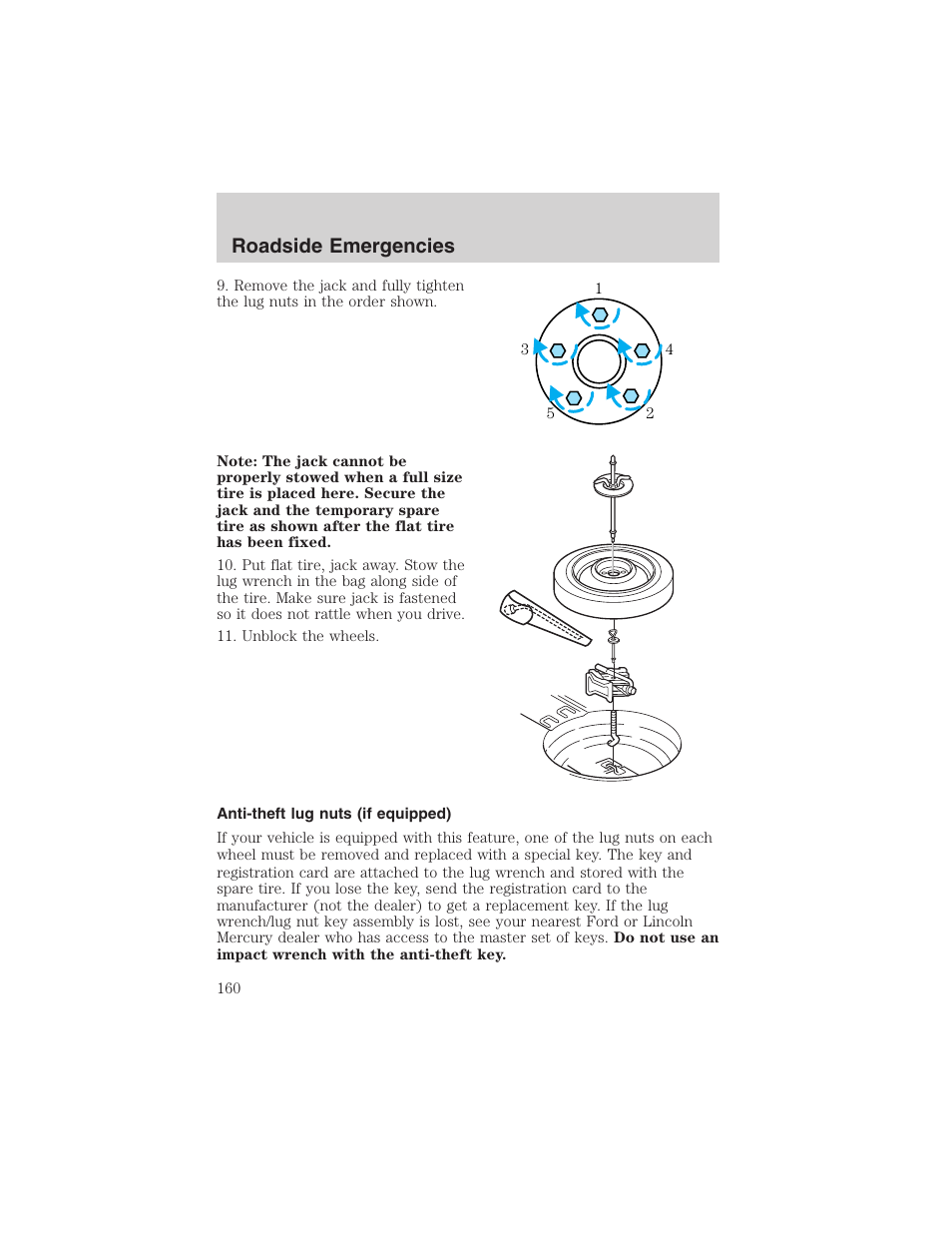 Roadside emergencies | FORD 2002 Thunderbird User Manual | Page 160 / 232