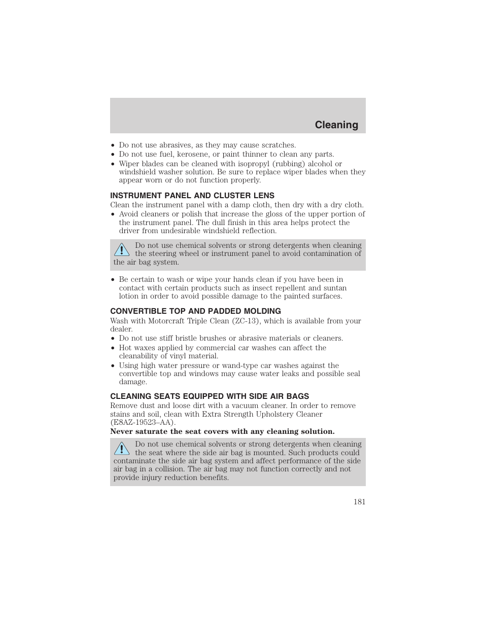 Cleaning | FORD 2002 Thunderbird User Manual | Page 181 / 232