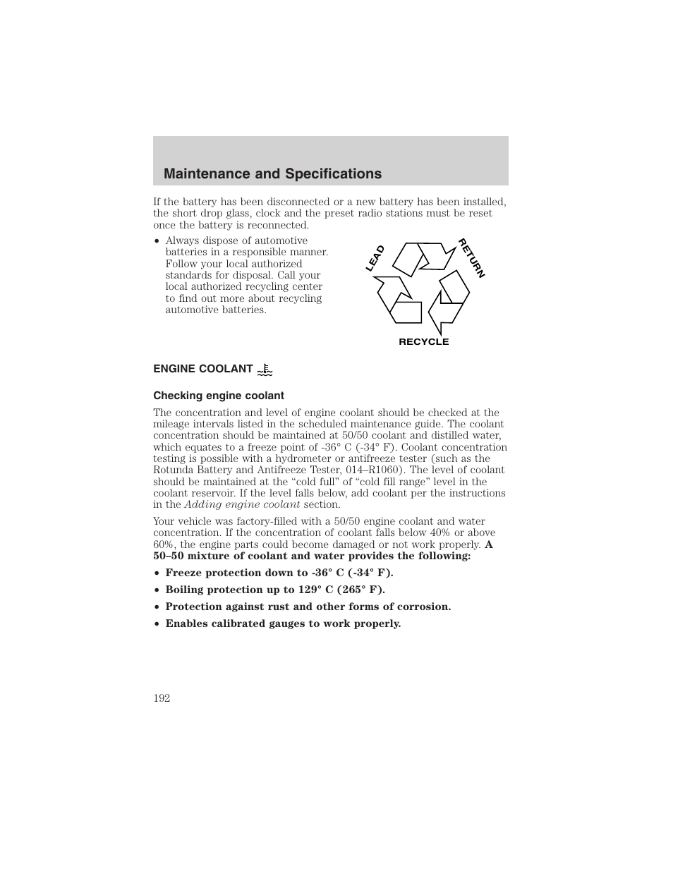 Maintenance and specifications | FORD 2002 Thunderbird User Manual | Page 192 / 232